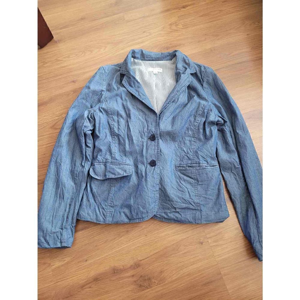 Kenar Blue Chambray Cotton Blazer Jacket Women Medium Striped‎ Lining 2 Button